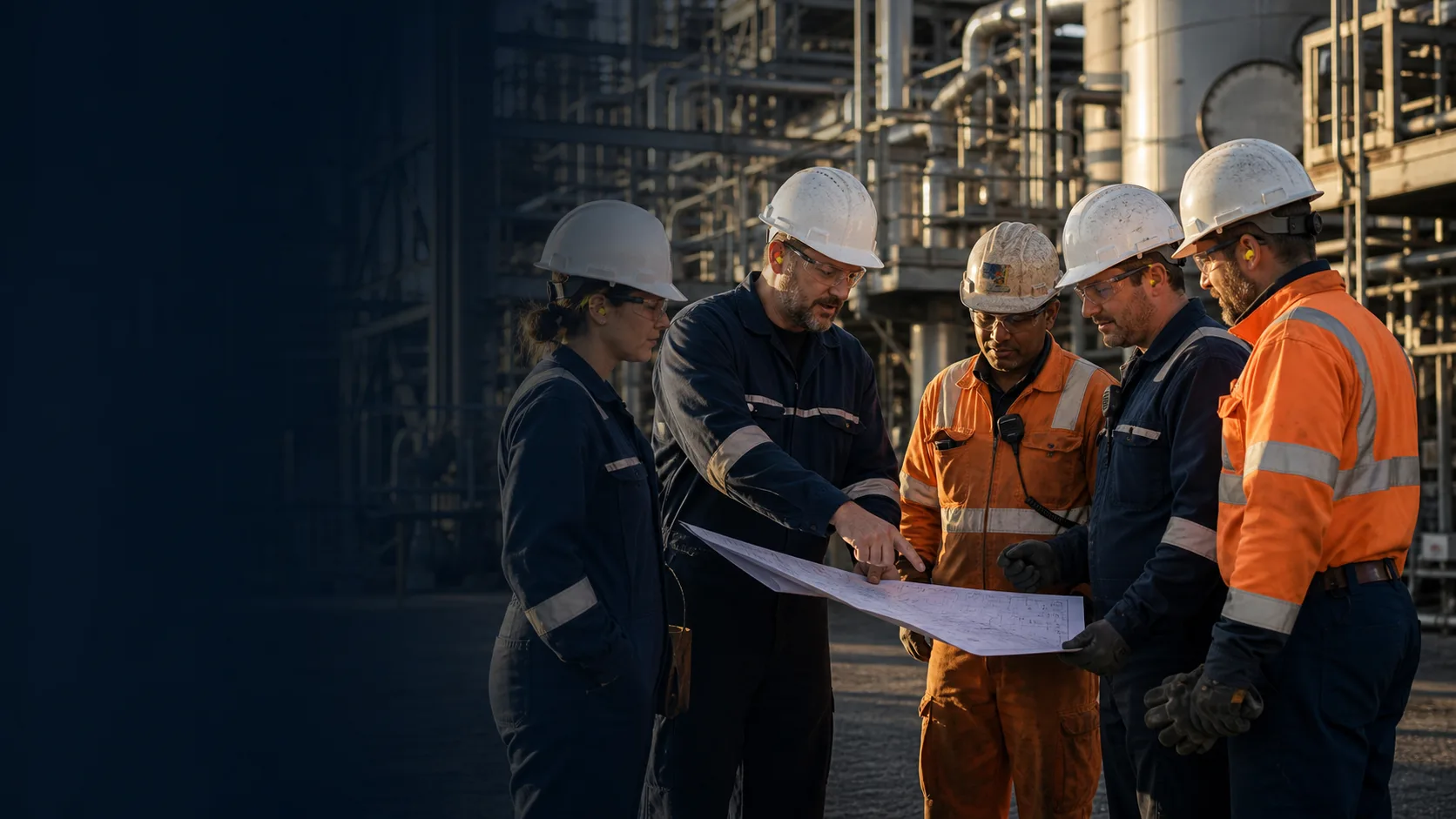 An EHS leader and frontline supervisors reviewing a field plan during an industrial safety leadership briefing