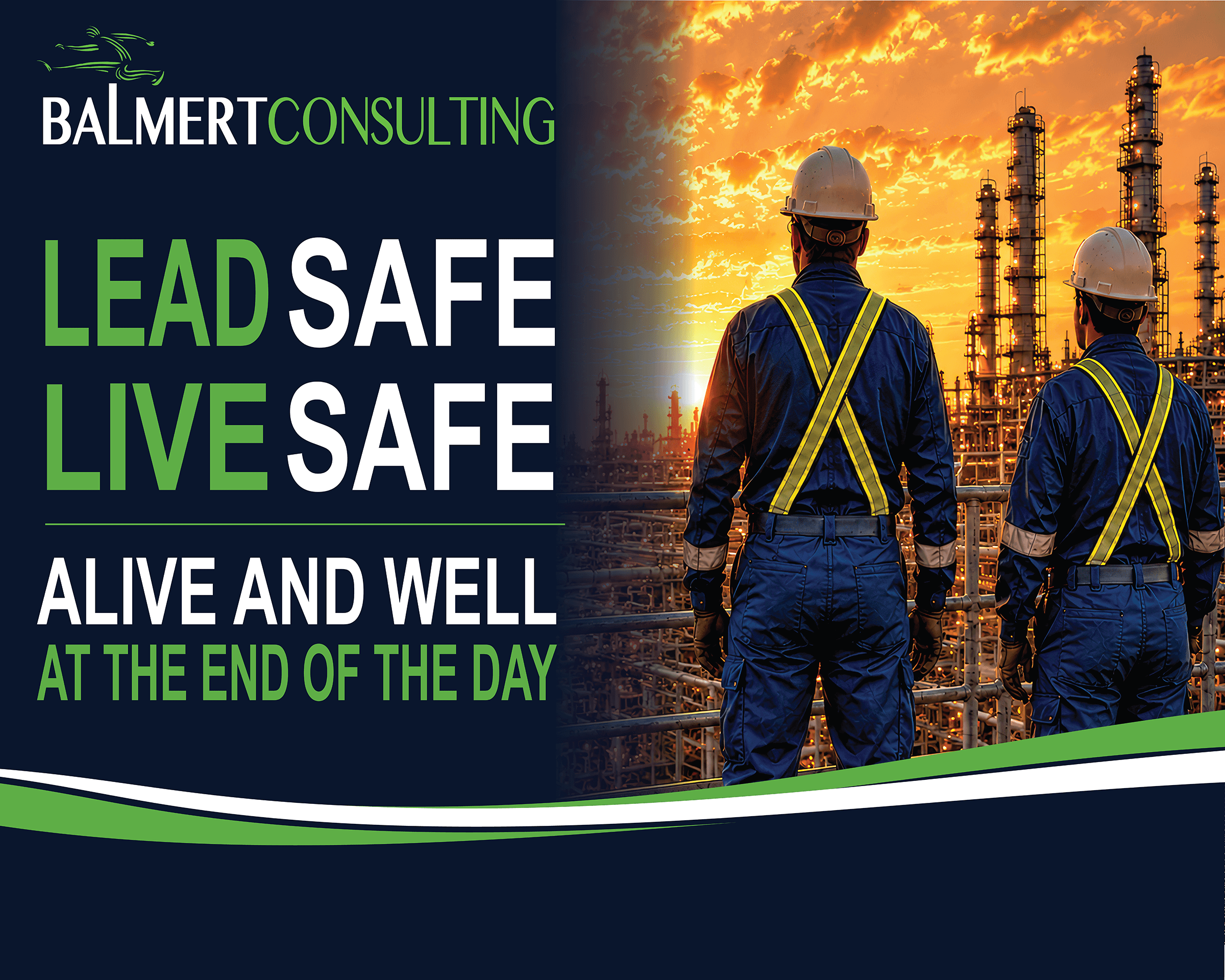 Balmert Consulting booth artwork showing two refinery workers at sunset with the message Lead Safe. Live Safe. Alive and Well at the End of the Day.